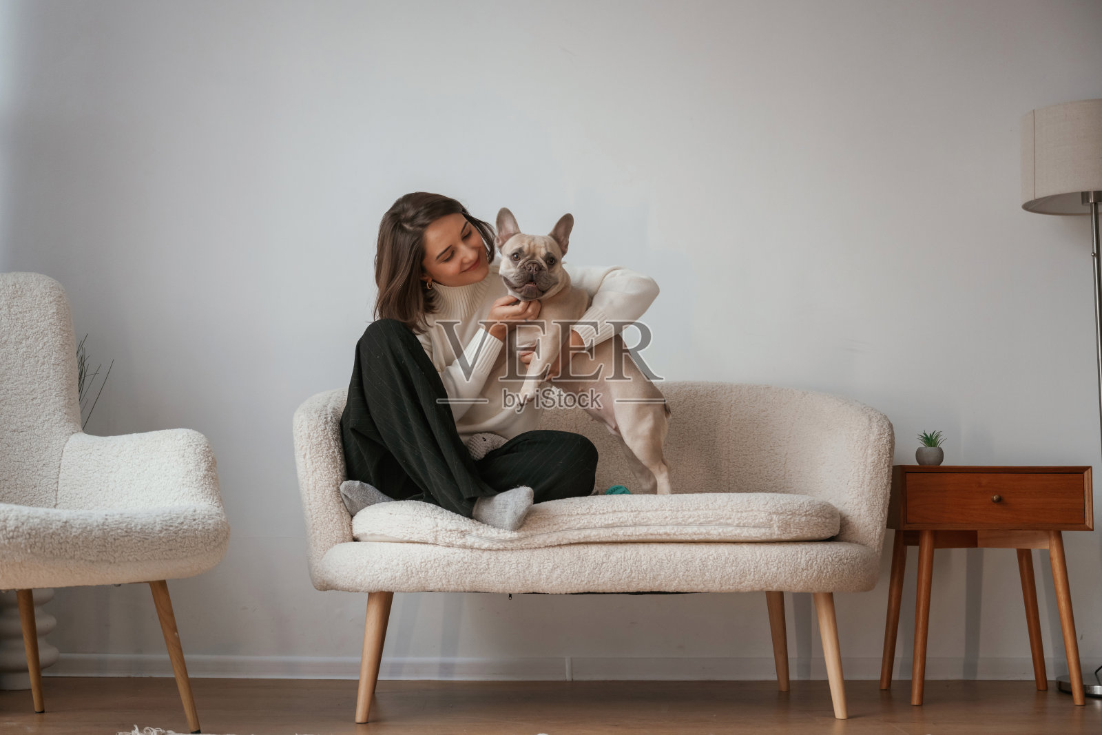 坐在一起。年轻女子和她的哈巴狗在家里照片摄影图片