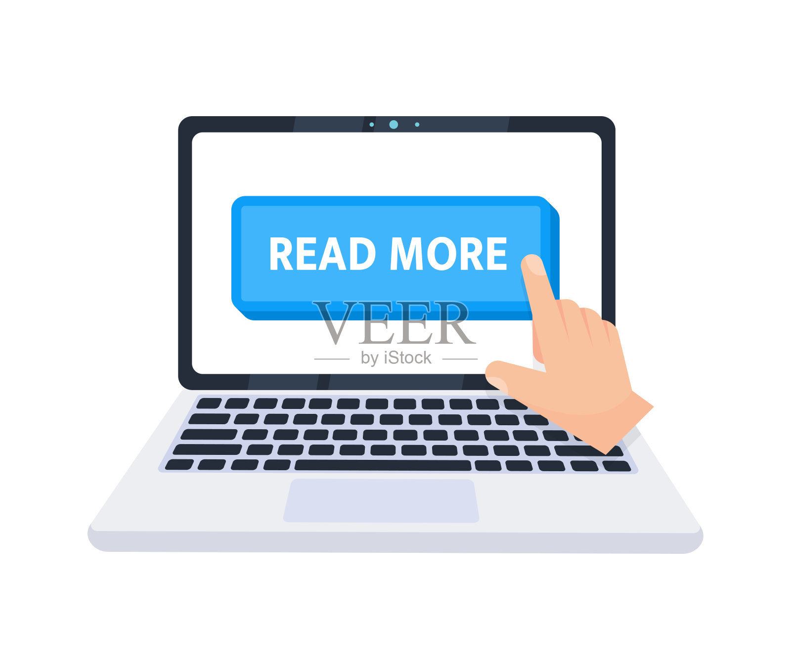 手指针点击笔记本电脑屏幕上的“阅读更多”按钮。矢量图插画图片素材
