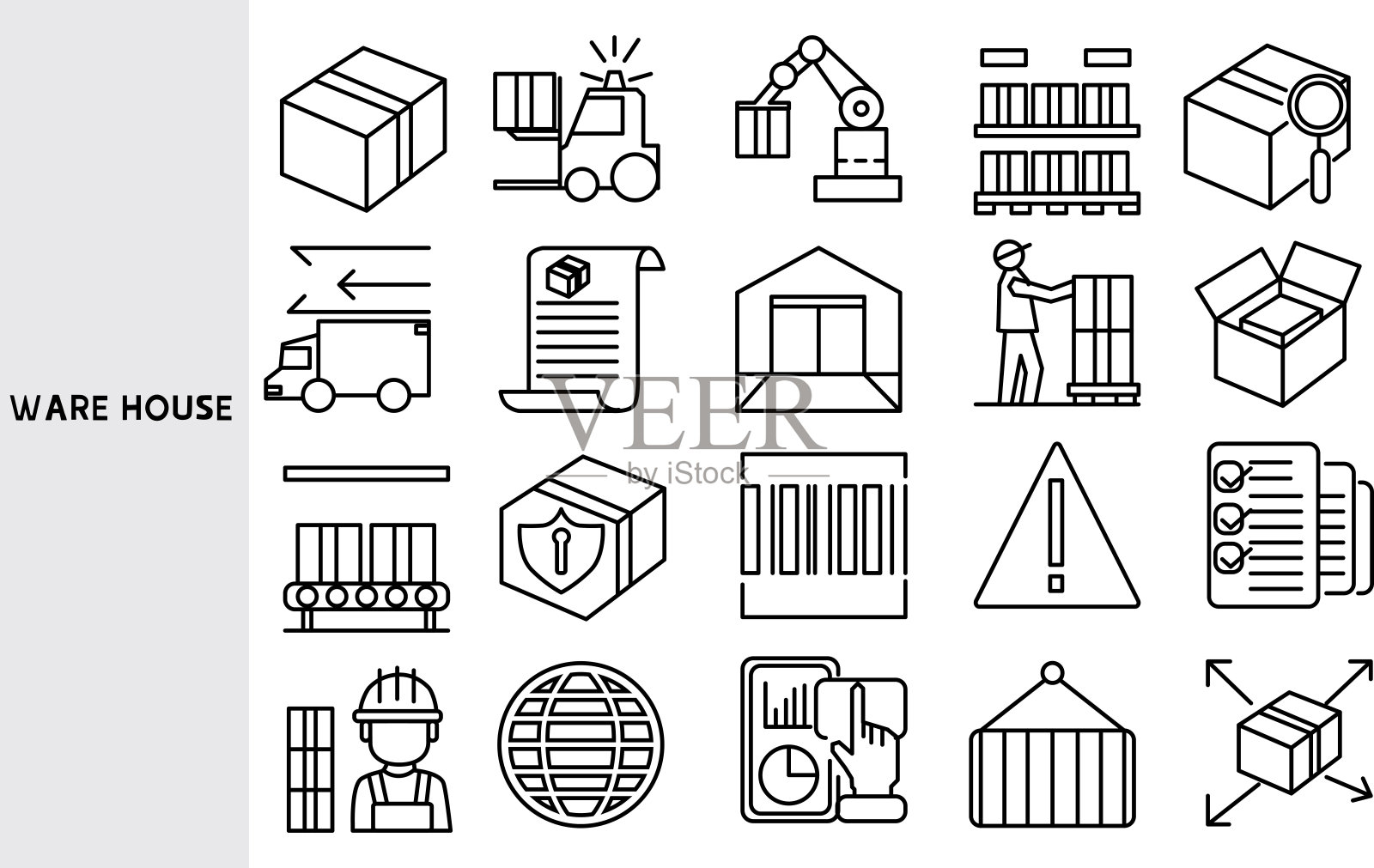 仓库,产品存放和仓库管理,商业线条图标集,轮廓符号集。矢量图。可编辑的中风插画图片素材