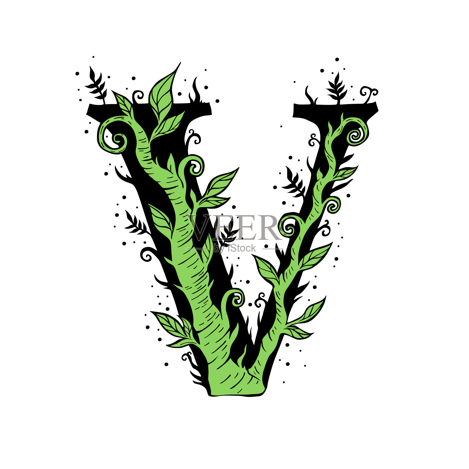 字母V树枝,由小枝和树叶组成插画图片素材