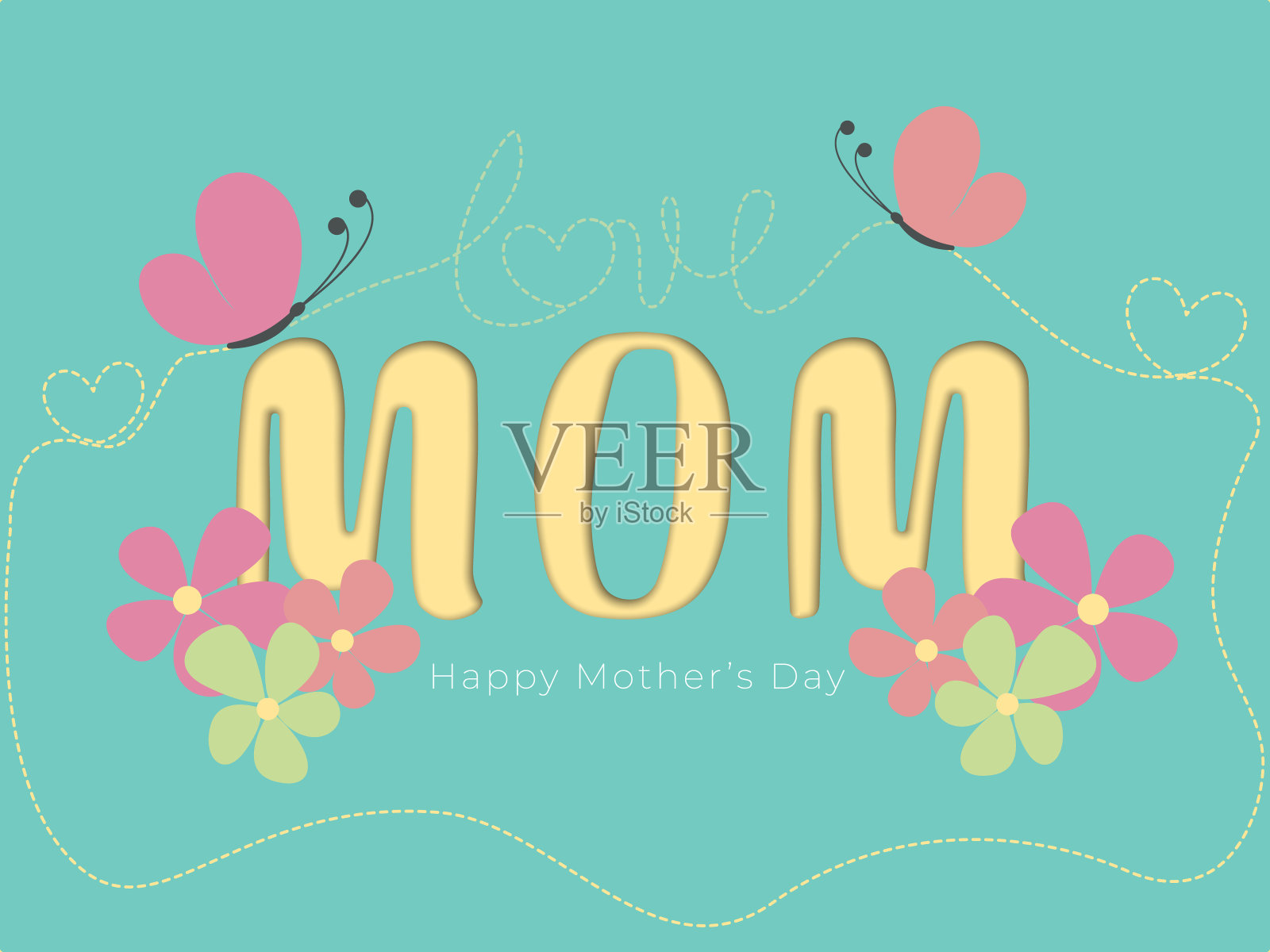 母亲节明信片剪纸风格,花和蝴蝶在紫罗兰的背景。矢量符号的爱的形状为母亲节贺卡设计快乐的心。插画图片素材