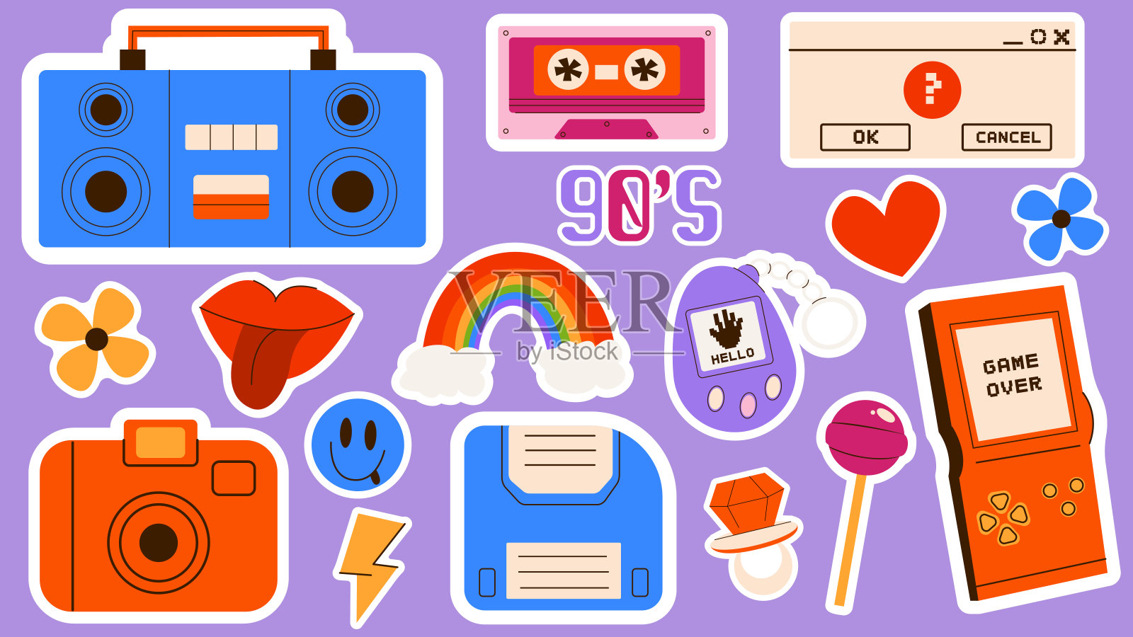 矢量插图一组90年代至80年代的贴纸。时髦的90年代复古矢量贴纸,酷有趣的图标。插画图片素材