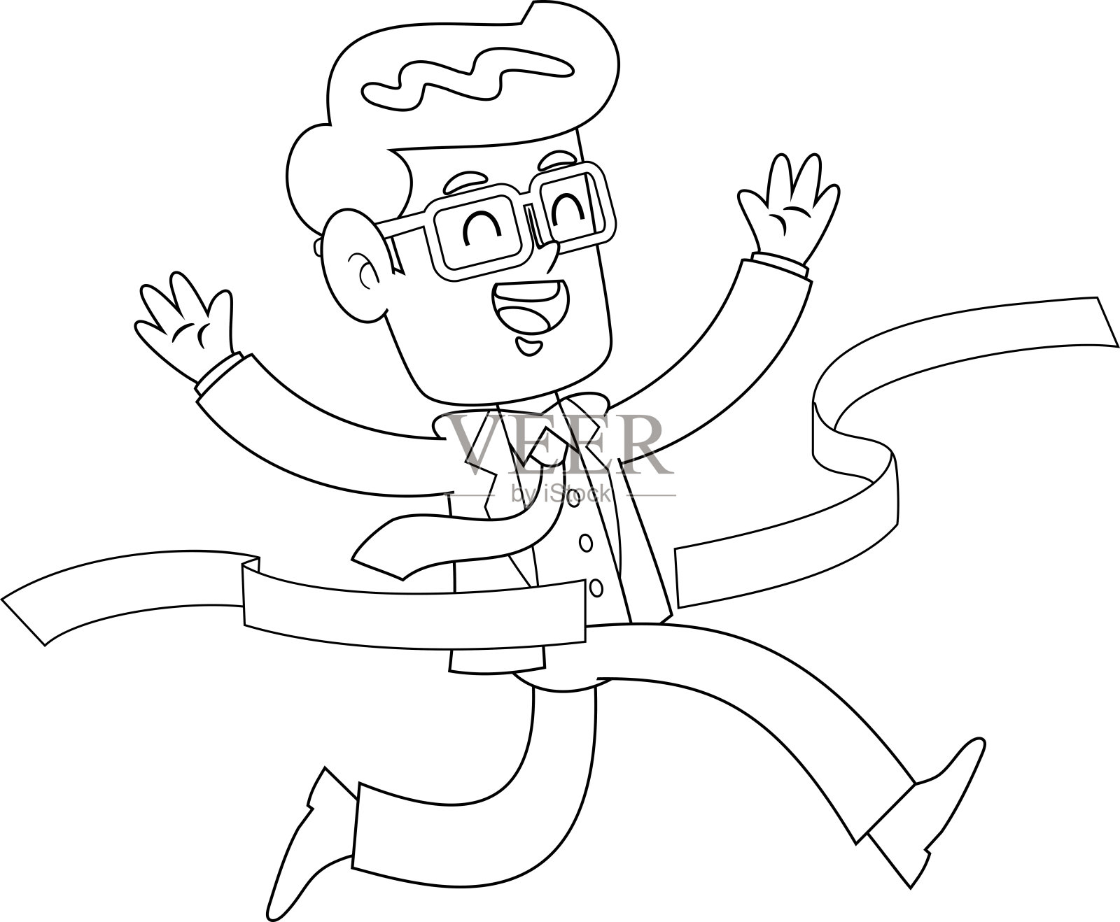 概述了快乐的商人卡通人物越过终点线插画图片素材