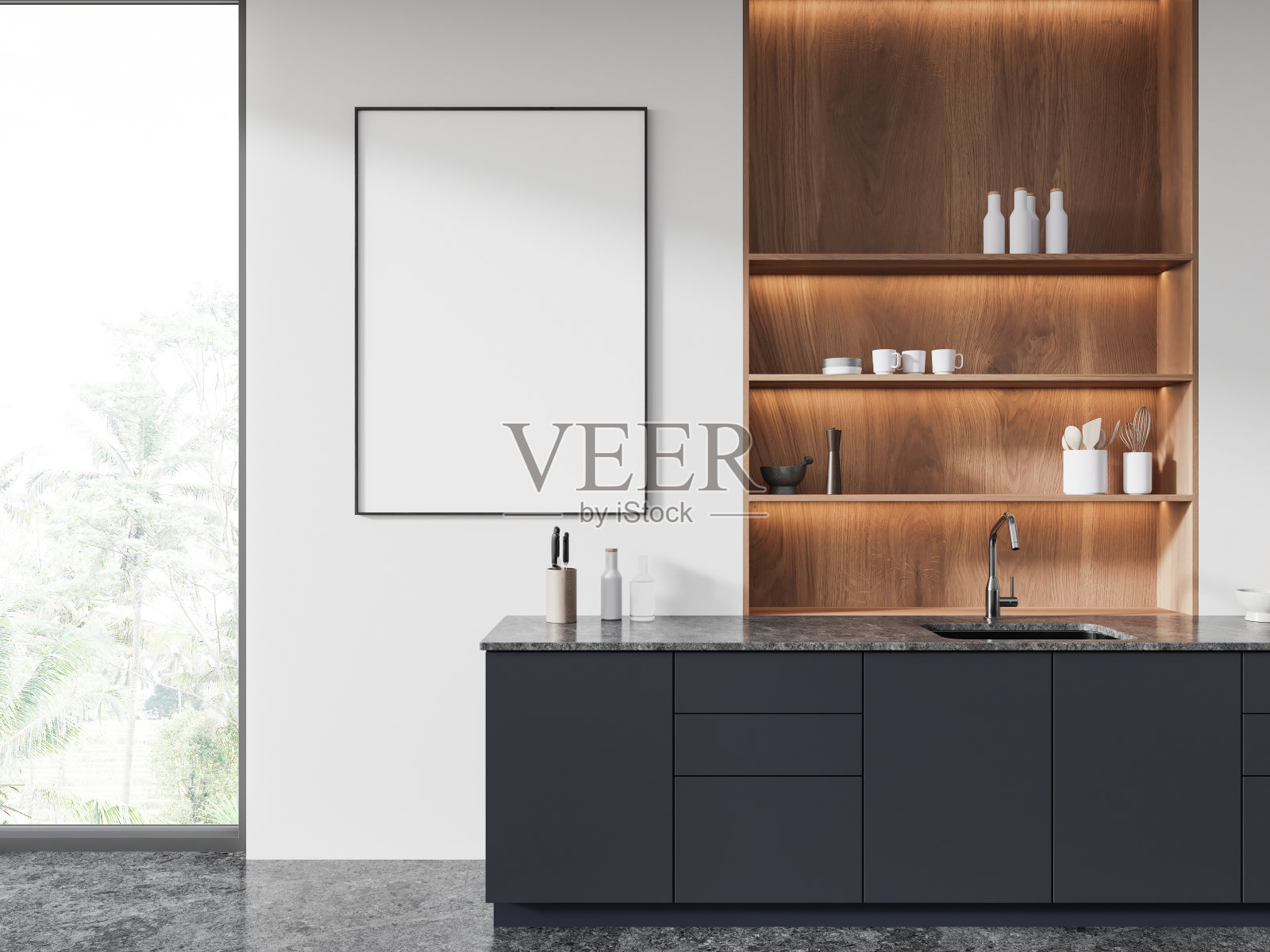 时尚的家庭厨房内部与烹饪柜和窗户。模型框架照片摄影图片