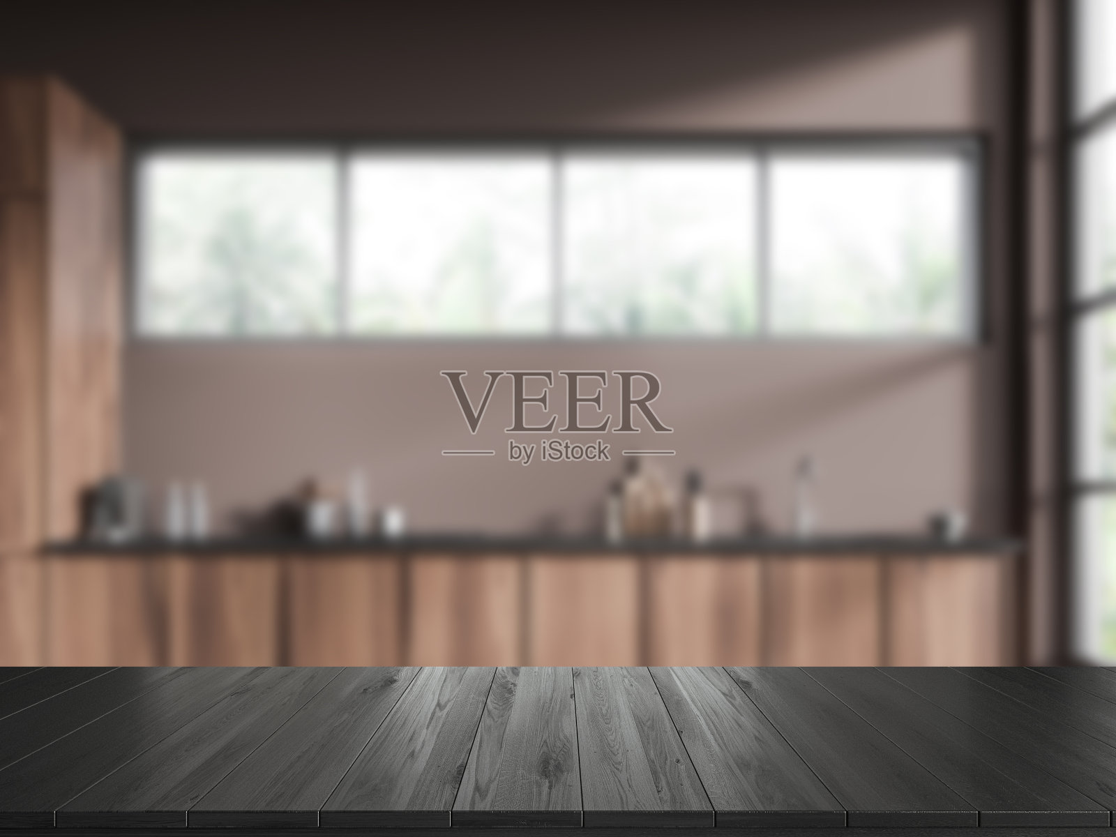 黑色木质台面的背景厨房内部与窗户。模型照片摄影图片