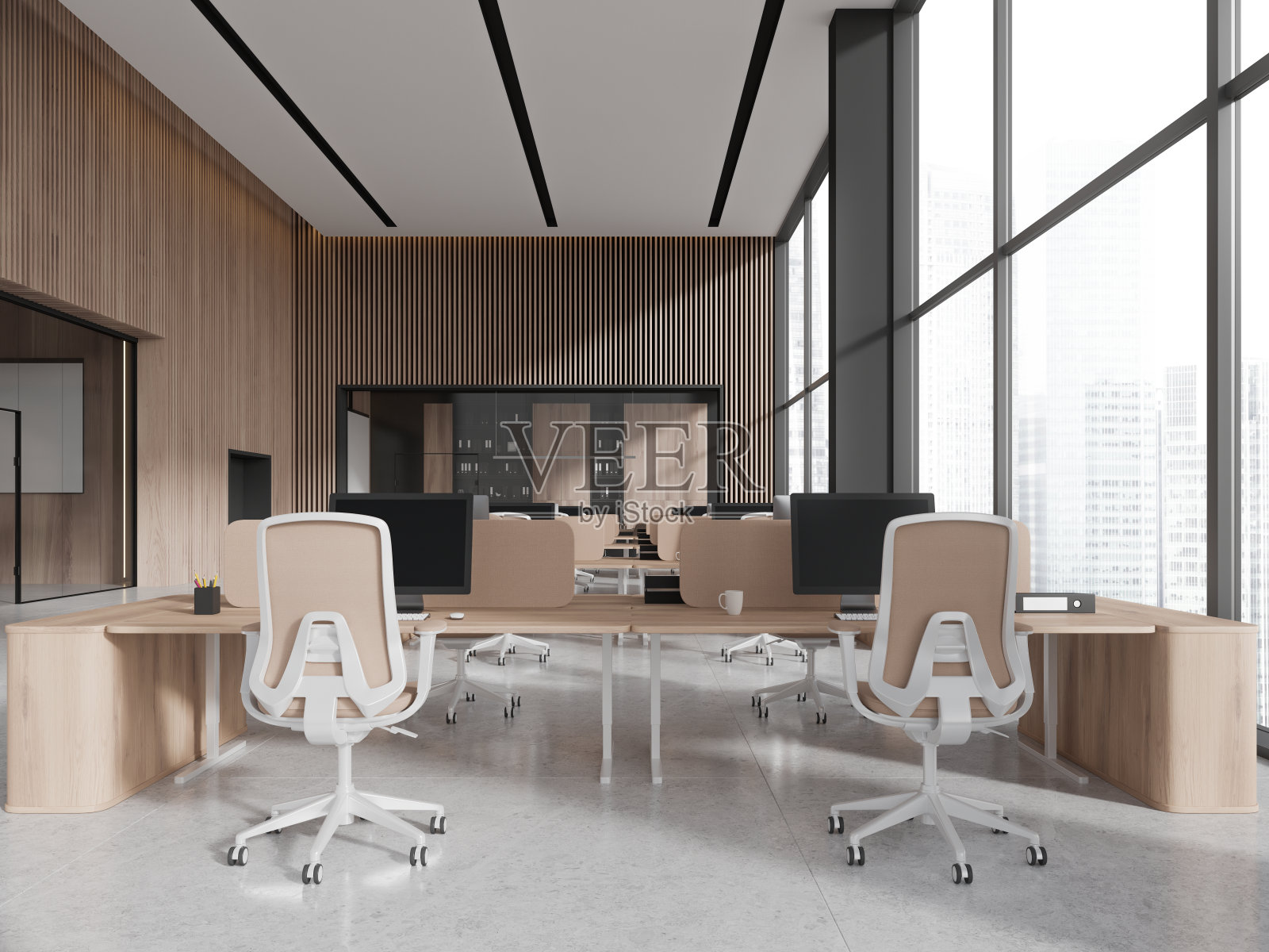 时尚的办公室内部设有联合办公和会议室,全景窗户照片摄影图片
