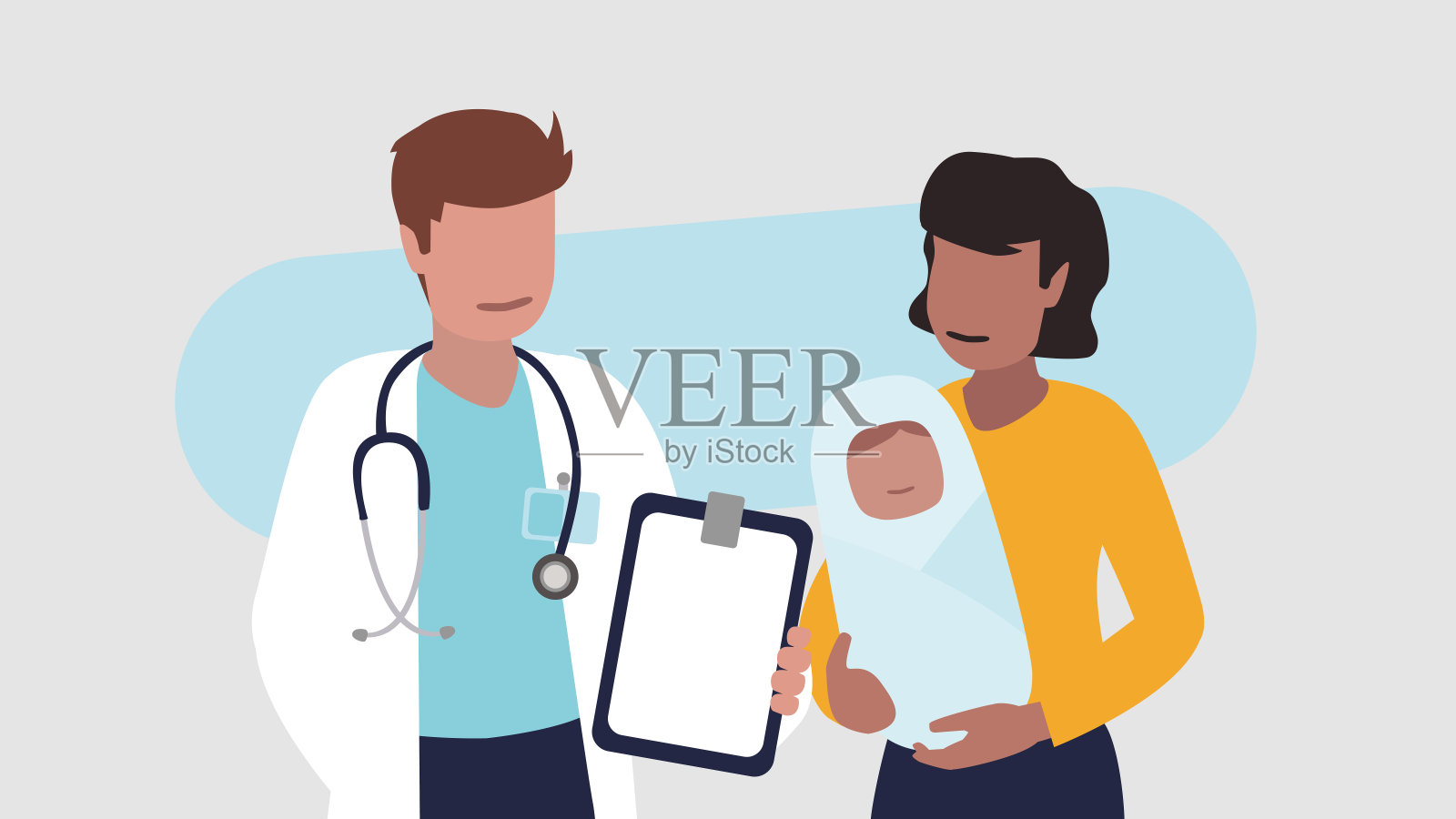 矢量插图的男医生与年轻的母亲和她的新生婴儿-健康的概念插画图片素材