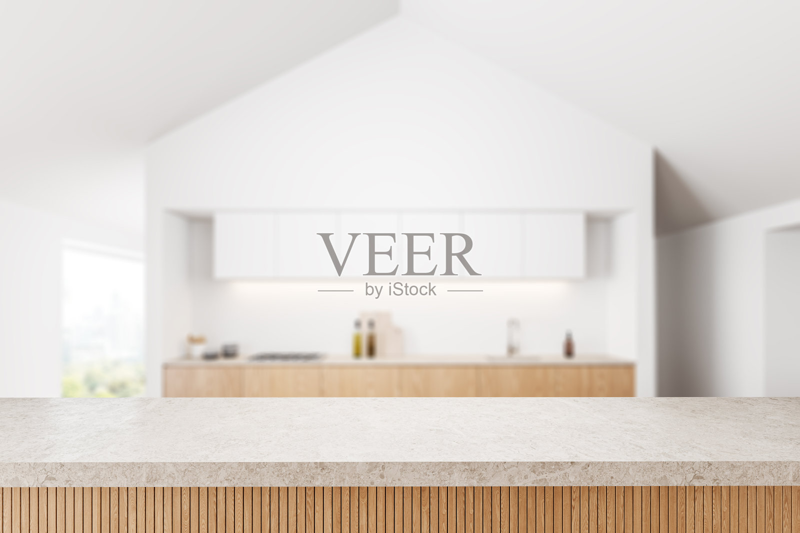 厨房室内背景上的空石英柜台和窗户。模型照片摄影图片