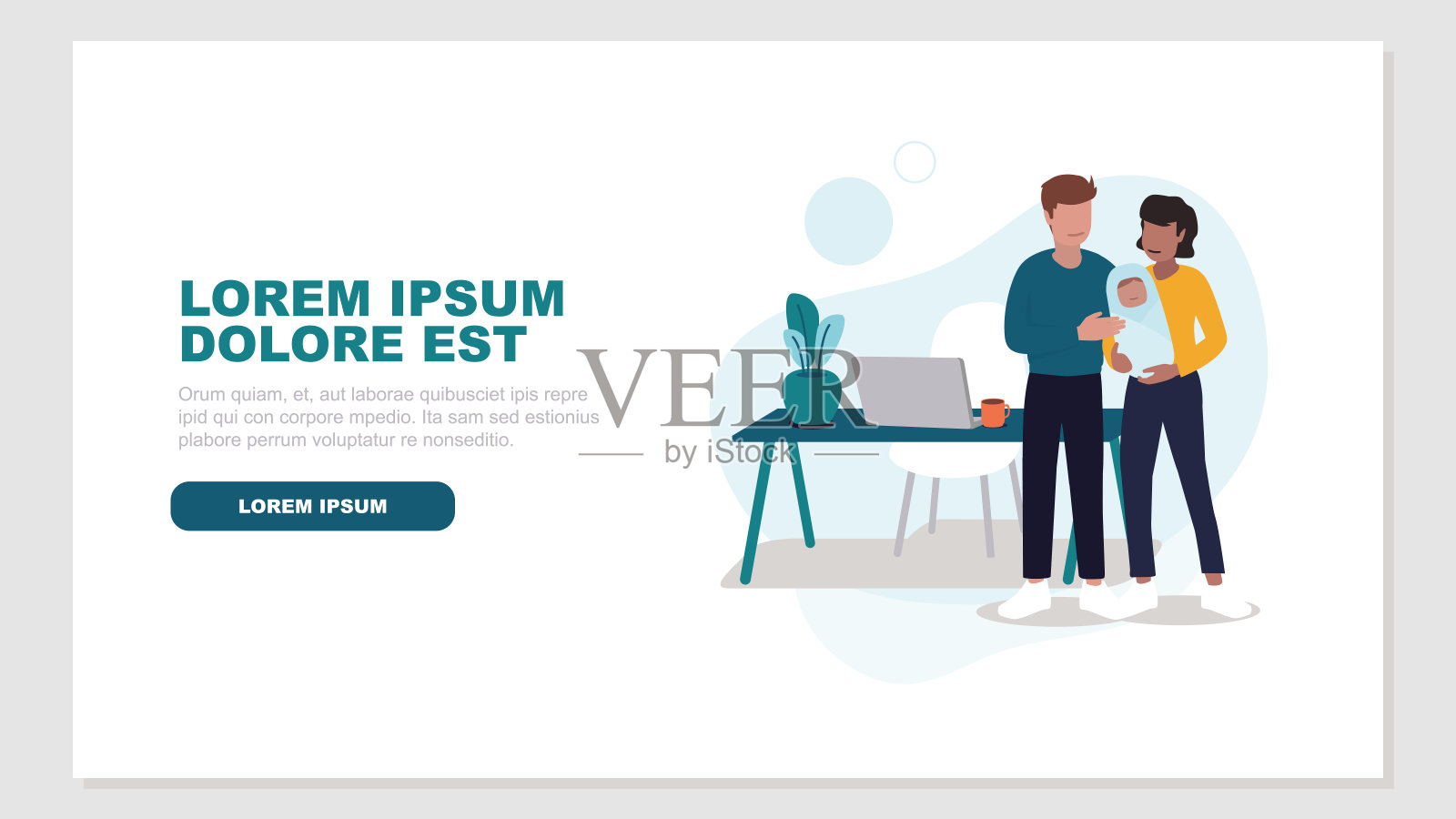 矢量插图的一对夫妇与一个婴儿谁在家庭办公室工作放松-业务概念插画图片素材