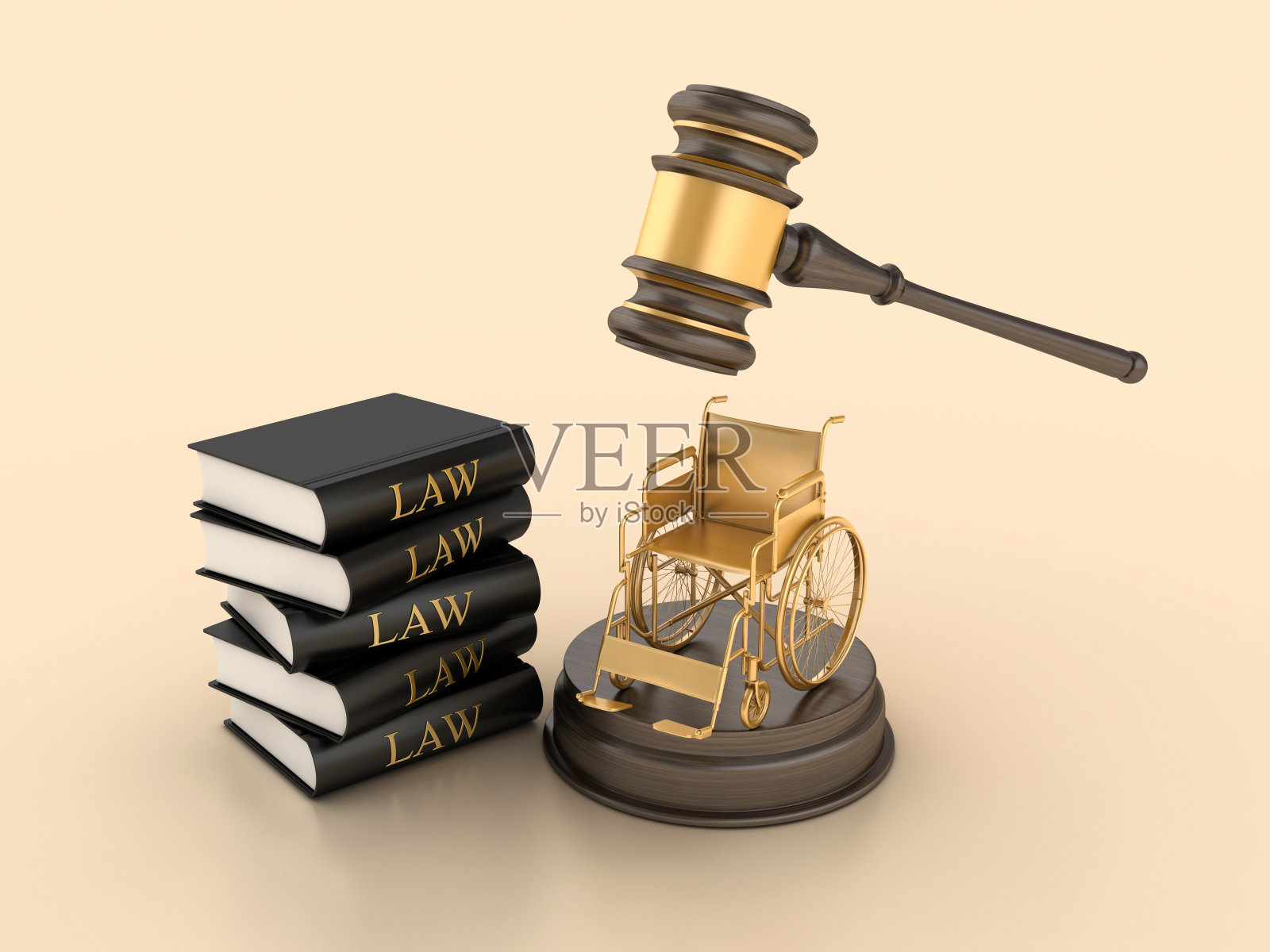 轮椅与木槌和法律书籍照片摄影图片