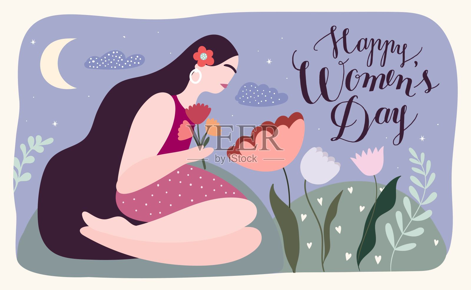 妇女节快乐贺卡或明信片与花卉设计和手写字母插画图片素材