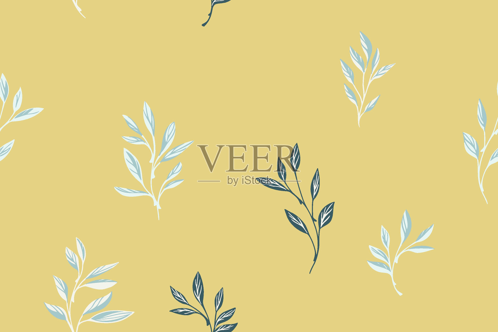 极简无缝图案与抽象的小树叶树枝。矢量手绘草图。拼贴黄色简单平坦的植物背景。模板设计,印花,纺织,织物,图案插画图片素材