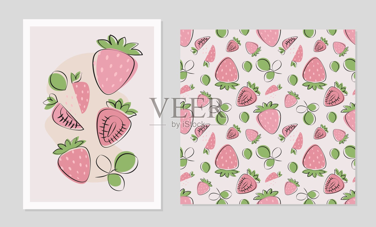 草莓水果设置在平面设计。海报和无缝图案与草莓织物,卡片,壁纸在波西米亚风格。插画图片素材
