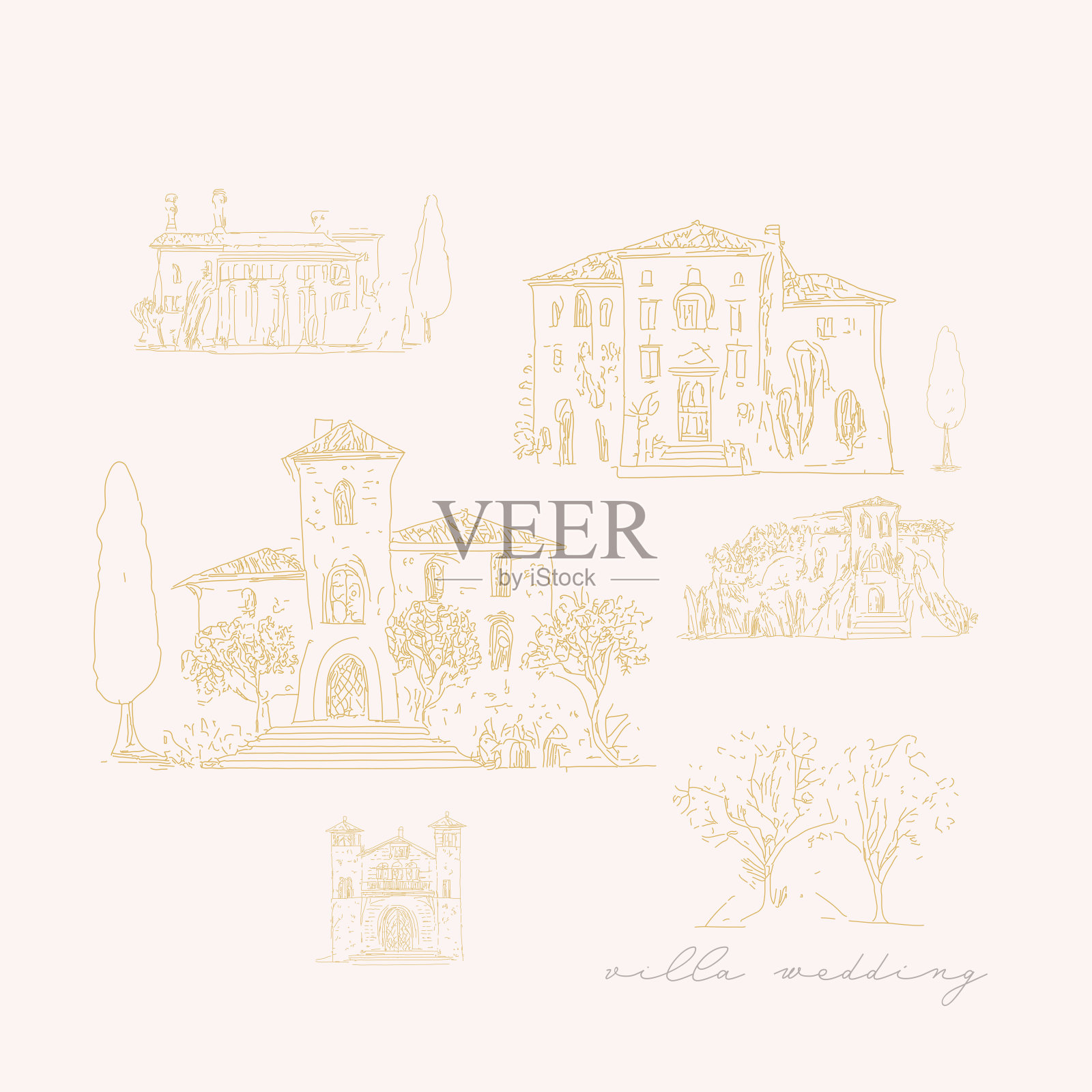 托斯卡纳别墅或普罗旺斯粗糙素描抽象一组矢量插图插画图片素材