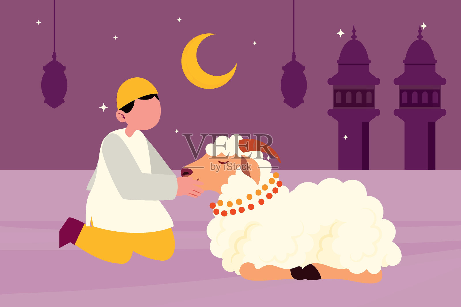 这个男孩正在照顾羊。插画图片素材