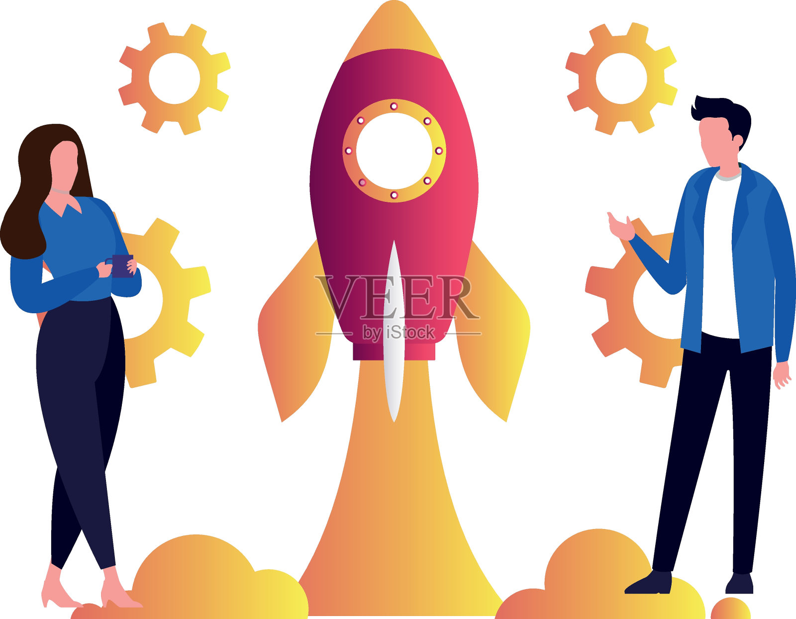 男孩和女孩正在谈论商业火箭。插画图片素材