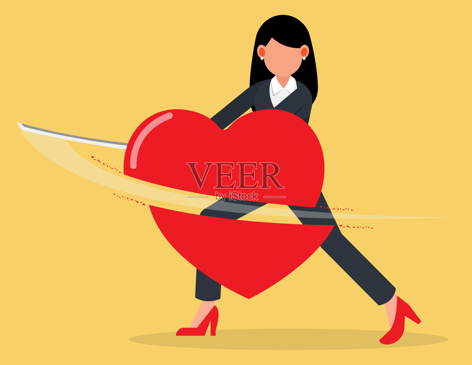 女商人用剑割心。心碎概念。插画图片素材