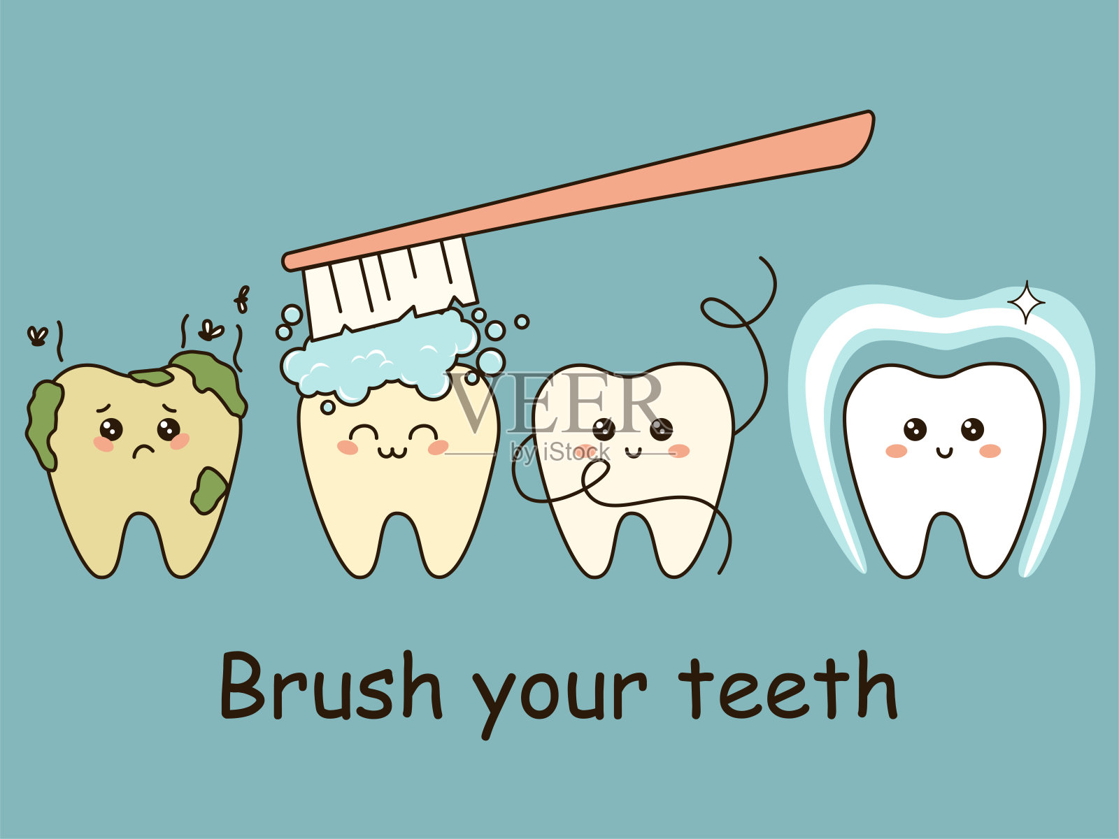 有牙菌斑的牙齿得到清洁,变得健康,有光泽和保护。牙齿牙科保护,牙齿护理剪纸。平面矢量图插画图片素材