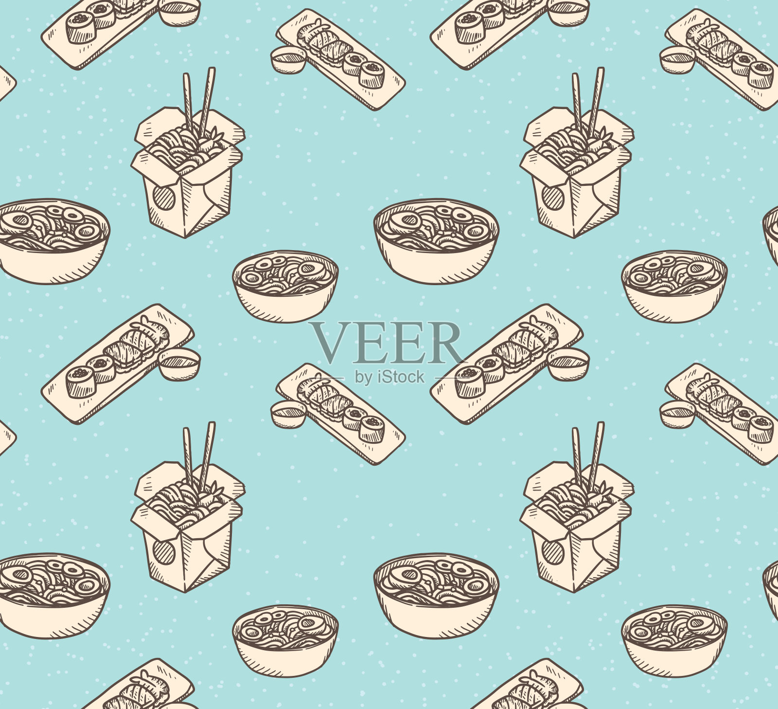 复古的亚洲食物背景,面条和寿司插画图片素材