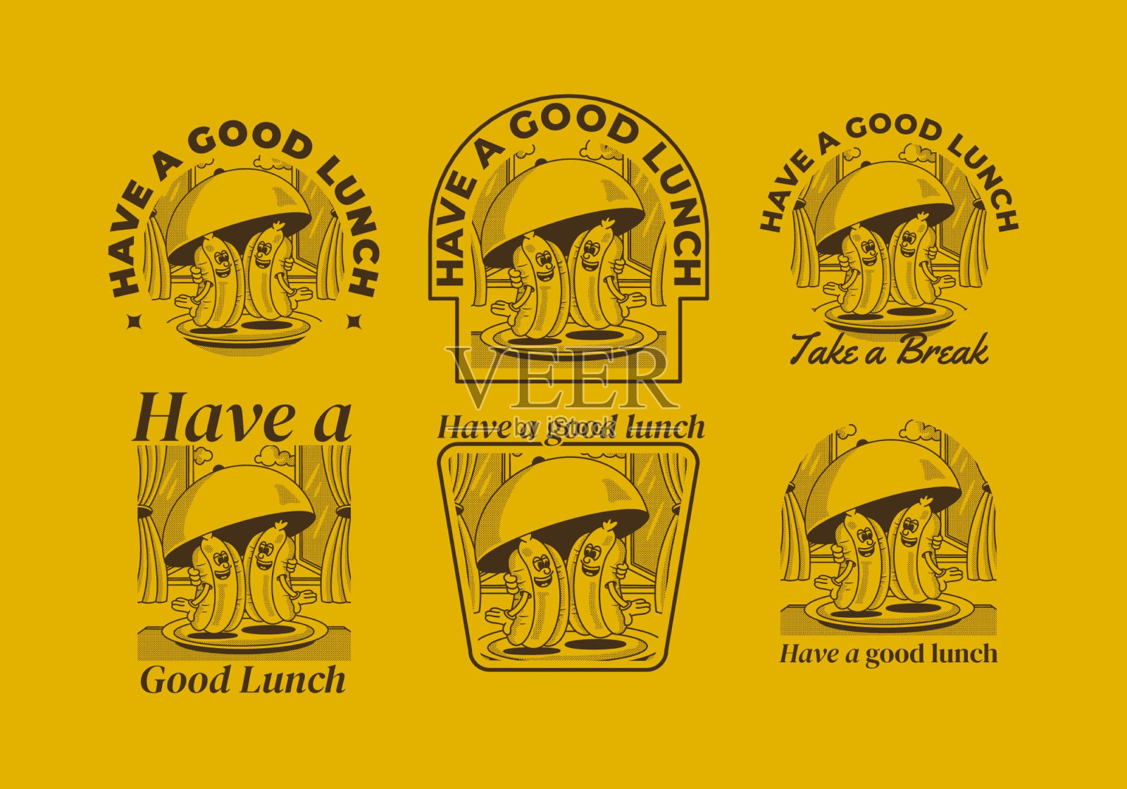 祝你午餐愉快。盘子上两个热狗的人物插图插画图片素材