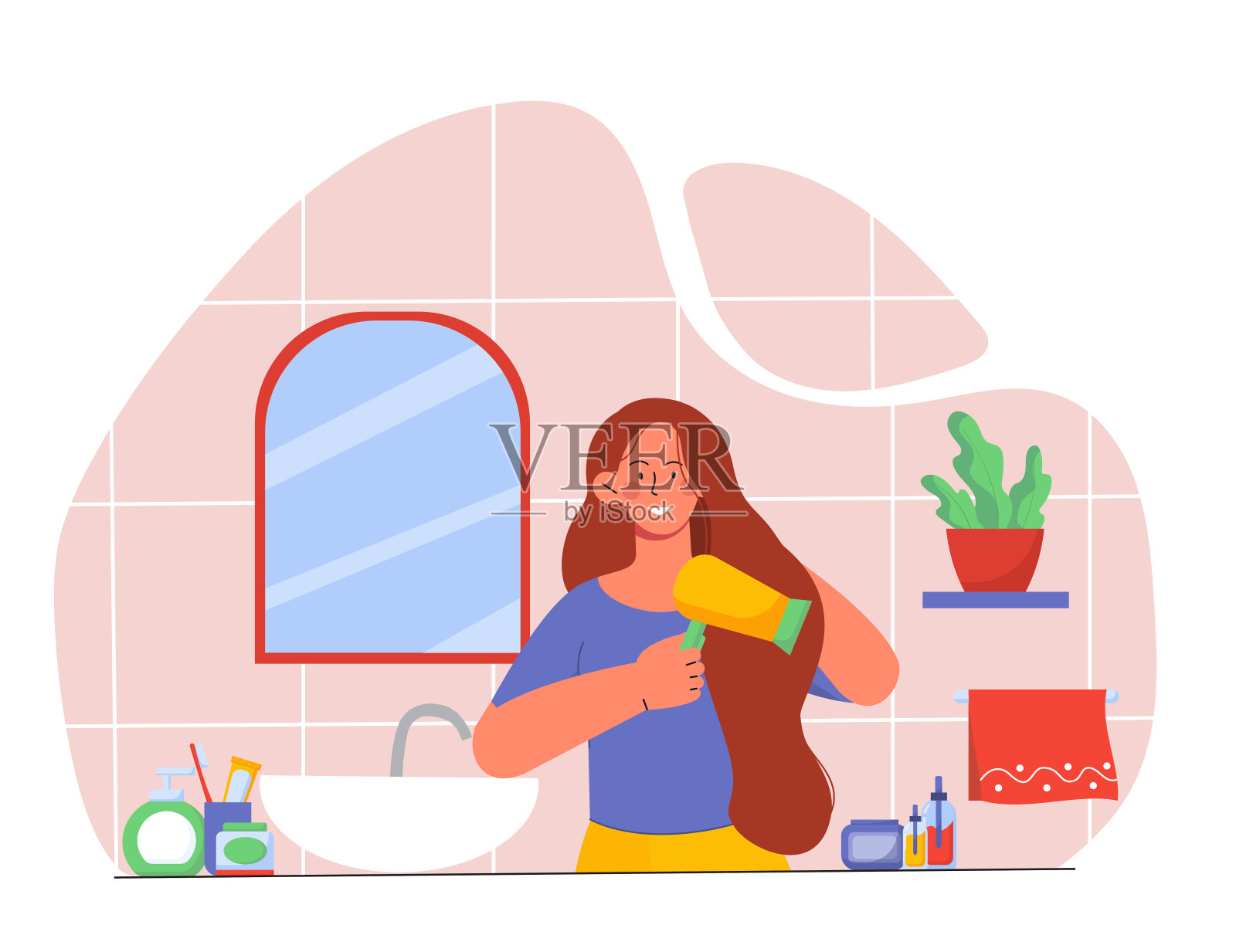 一名女子在浴室吹干头发插画图片素材
