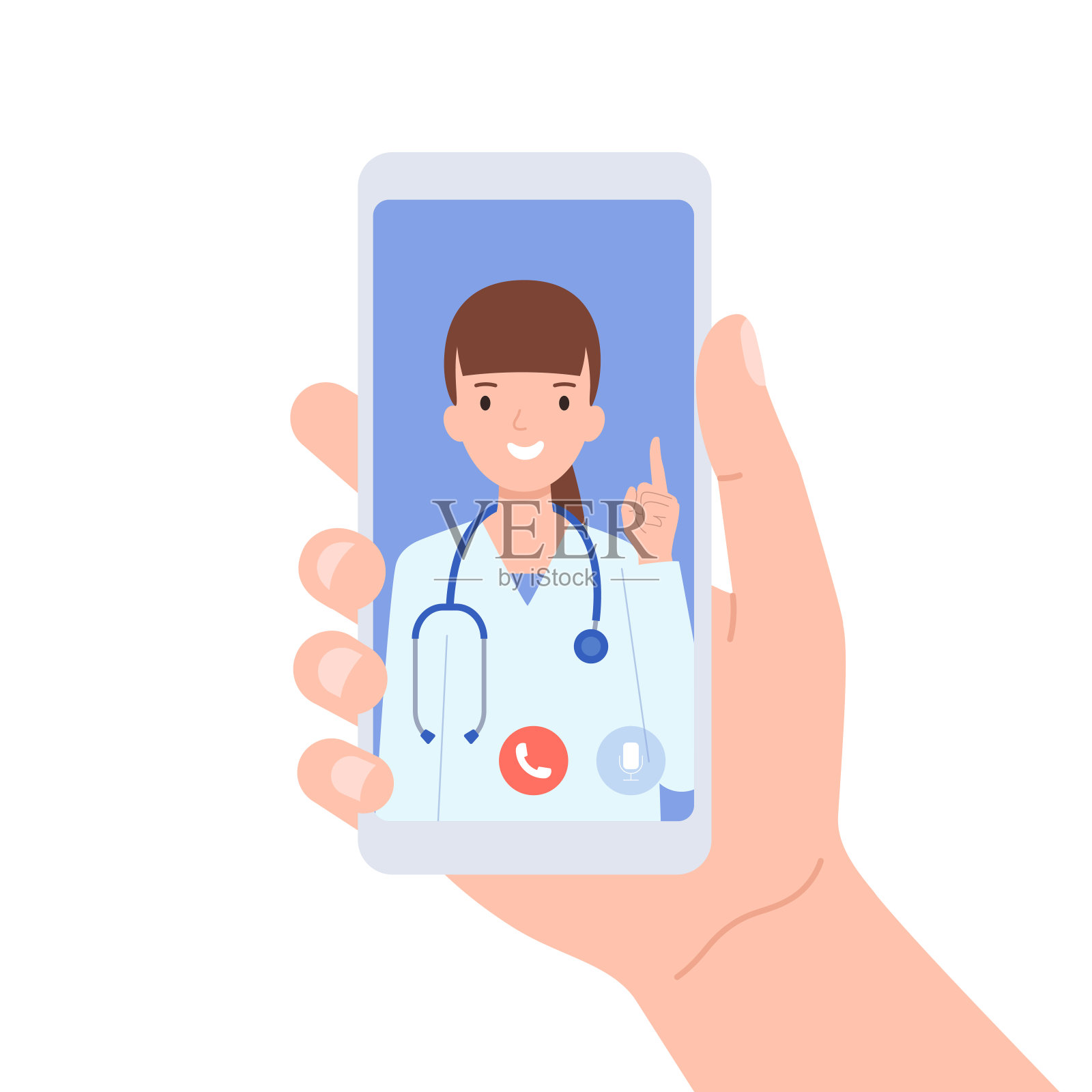 手持智能手机与屏幕上的视频通话。在线咨询医生。现代医疗服务和远程医疗概念插画图片素材