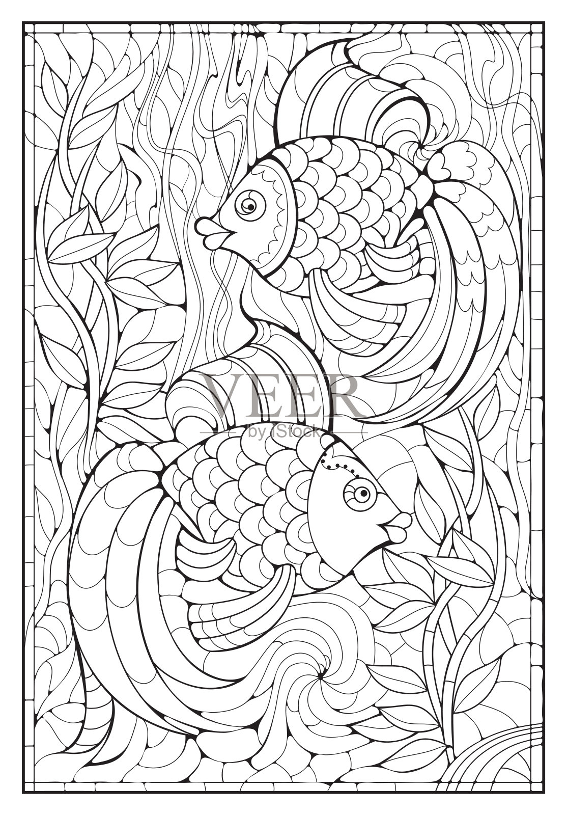 着色用动物。美丽的童话鱼在水下世界的插图。儿童和成人涂色书。可打印的绘图和冥想页面。黑白矢量。插画图片素材