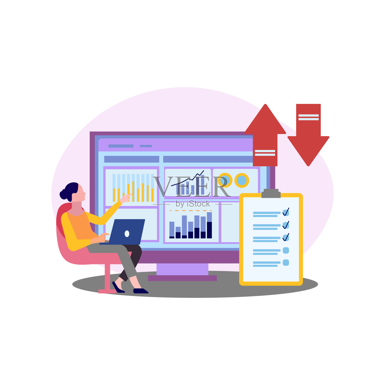 在笔记本电脑上处理图形数据的女孩。插画图片素材