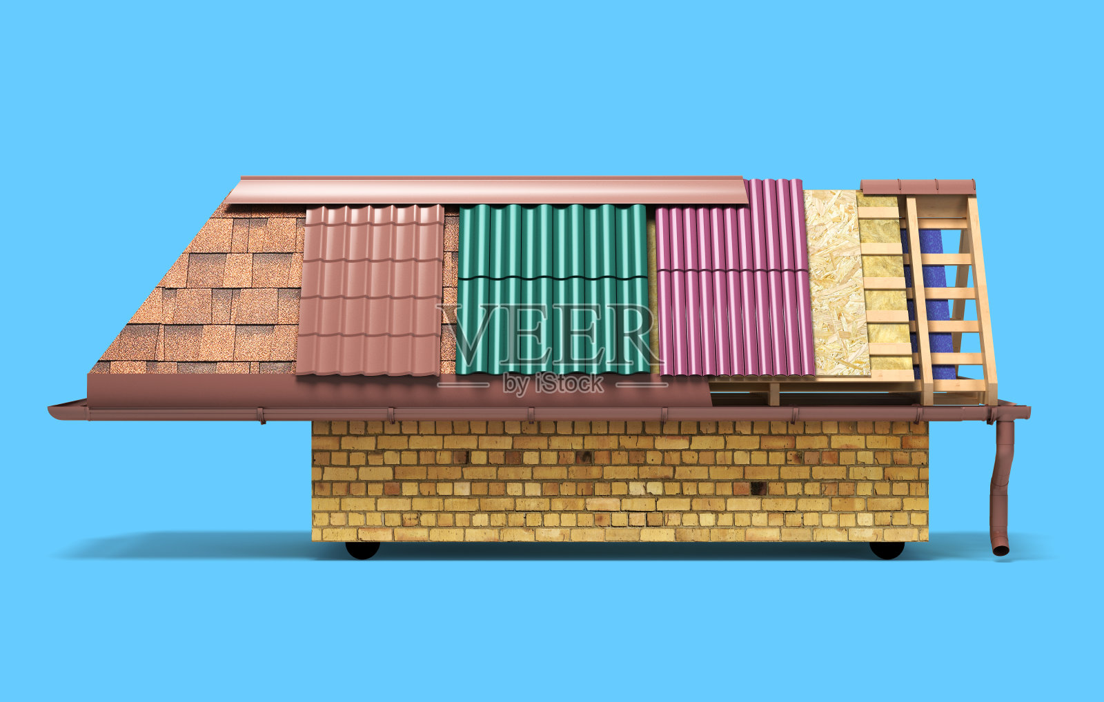 房子的屋顶概念是不同类型的屋顶在白色的木框架上3d渲染照片摄影图片