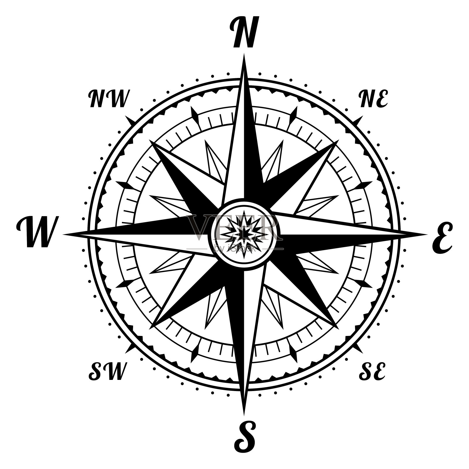 复古海洋风玫瑰旧指南针为航海方向导航黑色矢量平插画图片素材