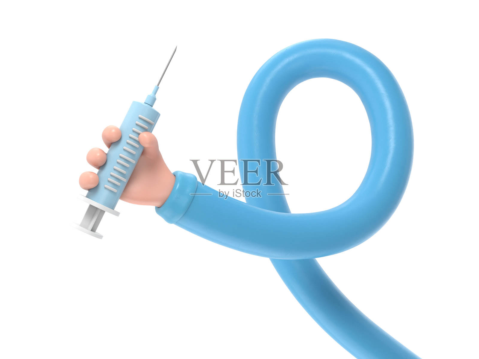 3 d渲染。卡通医生手里拿着装有病毒疫苗的大注射器。医疗保健插图。医药剪贴画。白色背景的3D渲染。长臂概念。照片摄影图片