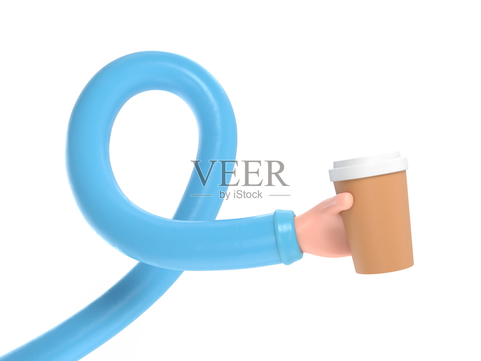 卡通手势图标模型。Сup手中的咖啡,白底3D渲染。长臂概念。照片摄影图片