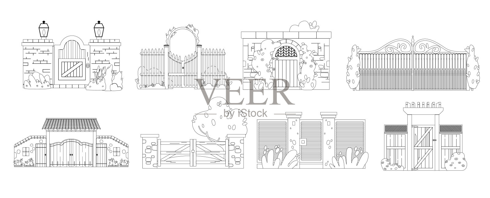 建筑轮廓单色矢量图标集。栅栏是围界的屏障,提供安全插画图片素材