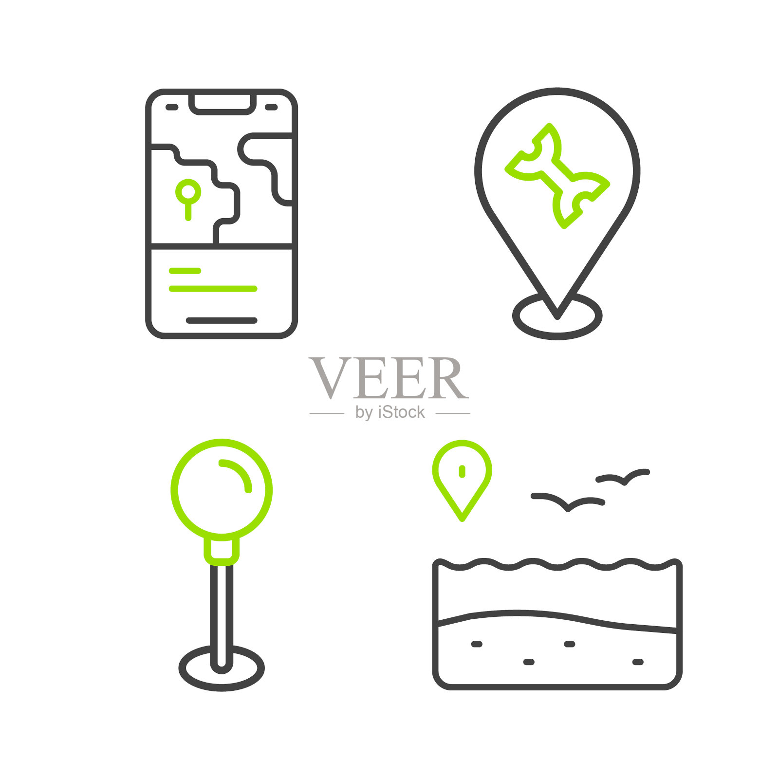 设置线位置与海滩,推销,汽车服务和城市地图导航图标。向量插画图片素材