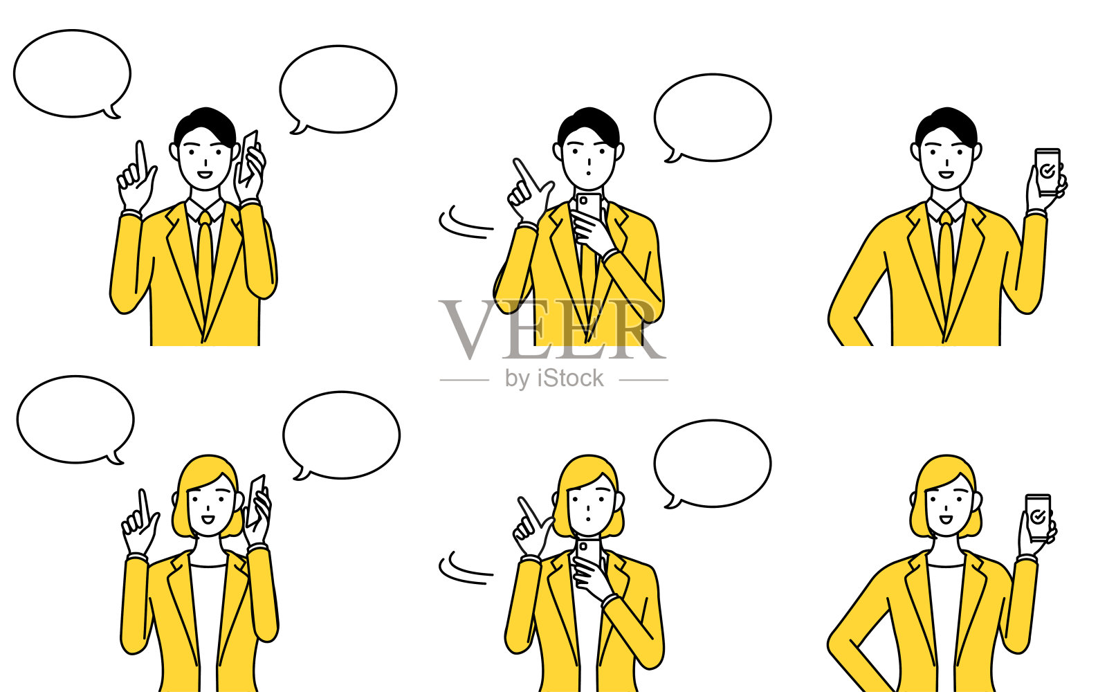 简单的线条画插图,一个男人和一个女人穿着西装,摆姿势在智能手机上工作插画图片素材