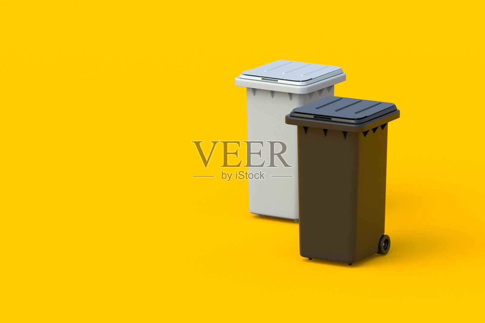 塑料垃圾桶。两个回收箱。垃圾收集。垃圾容器。不同垃圾的垃圾箱。放垃圾的箱子。副本的空间。三维渲染照片摄影图片