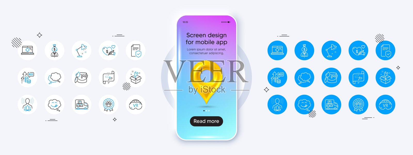 VR、扳手和送货卡车直线图标。用于Web应用程序、打印。带有3D地图图钉图标的手机模型。矢量插画图片素材
