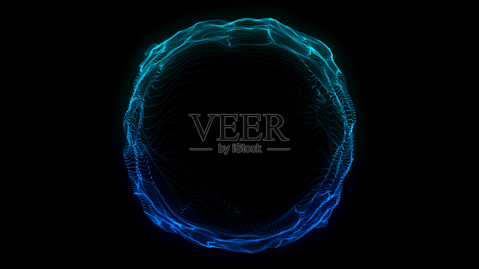 抽象的蓝色球体在黑色的背景。带有发光粒子的线框圆形结构。未来的数字插图。3 d渲染。照片摄影图片