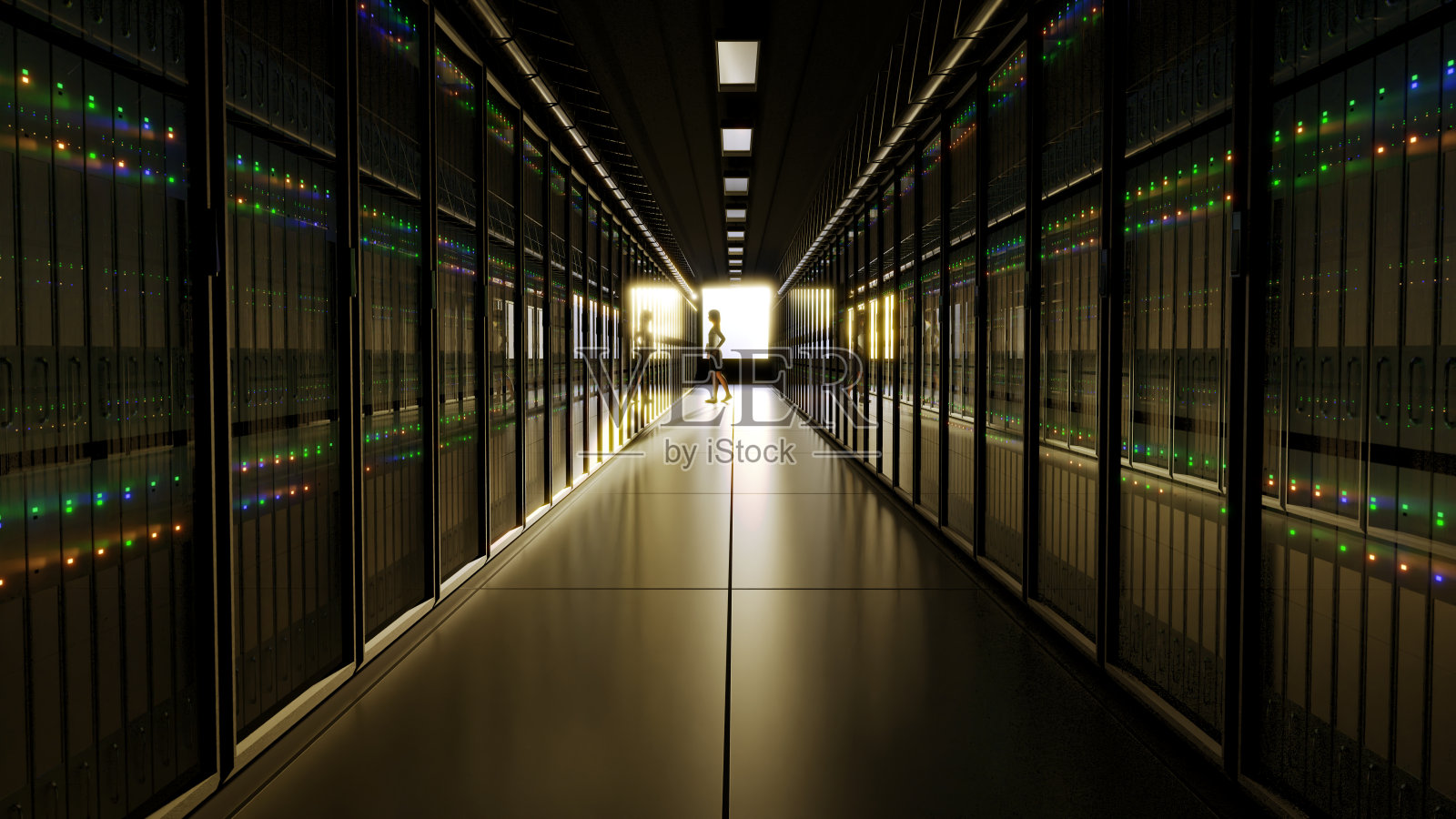 一位女士站在百亿亿次数据中心的过道里照片摄影图片