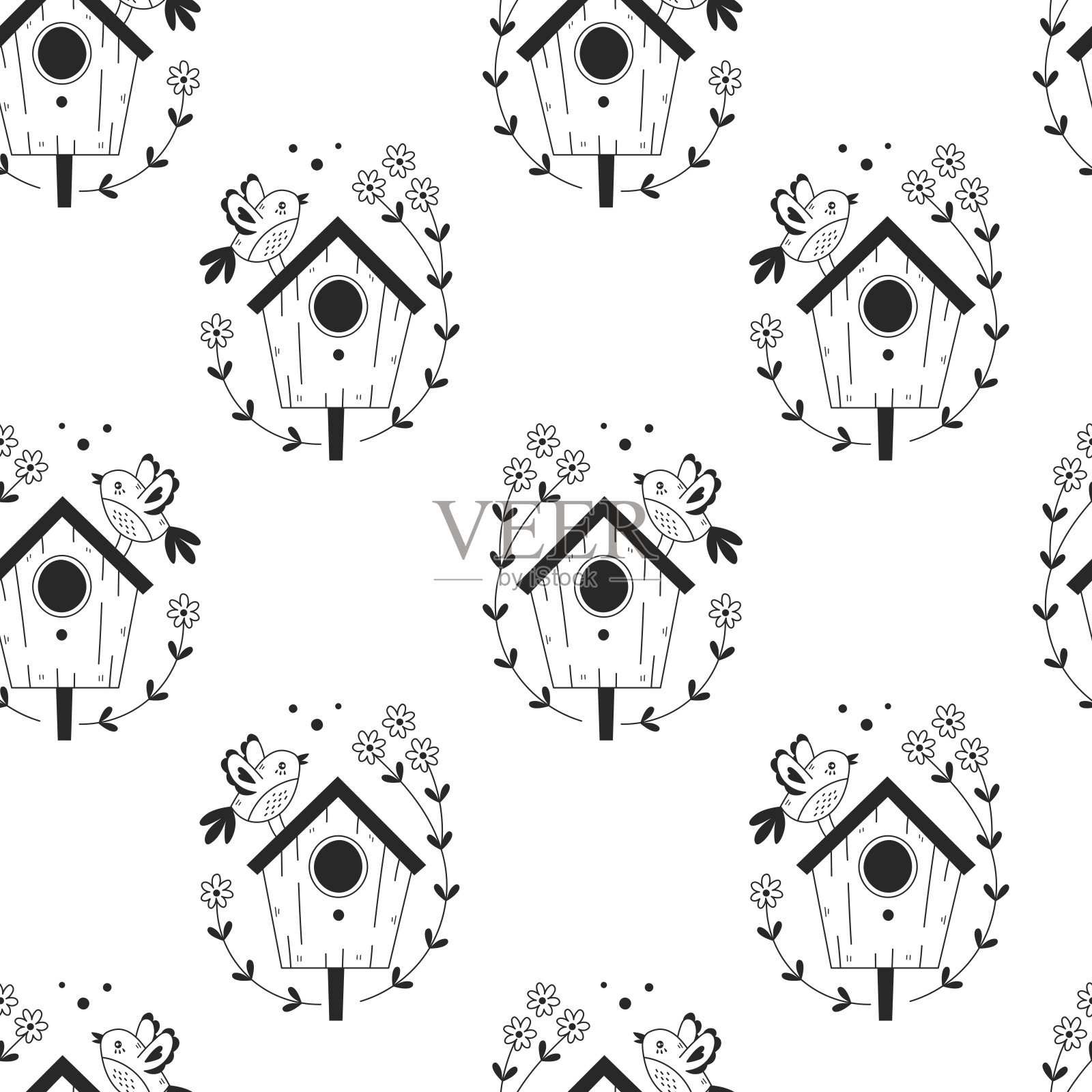 鸟屋无缝图案涂鸦风格插画图片素材