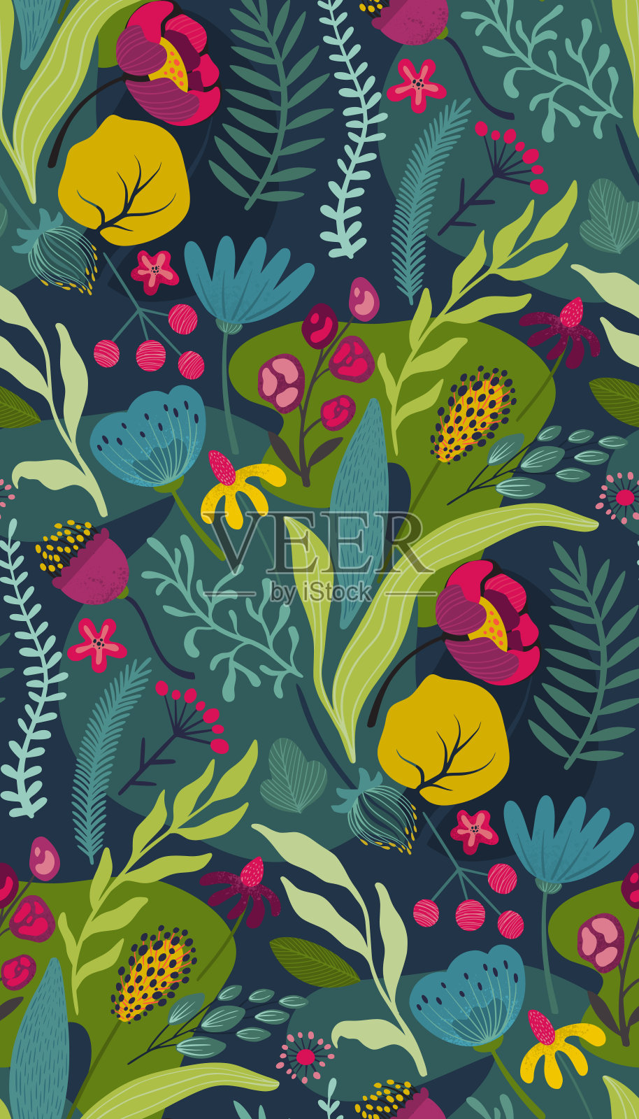 矢量无缝图案与明亮的花朵和叶子。无尽的花卉背景插画图片素材