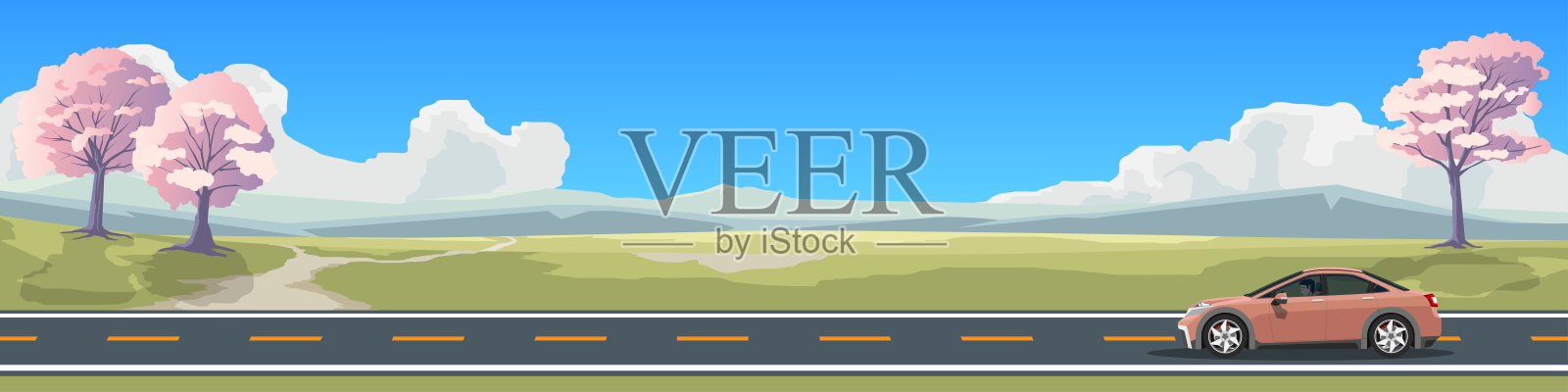 风景与汽车在路上。插画图片素材