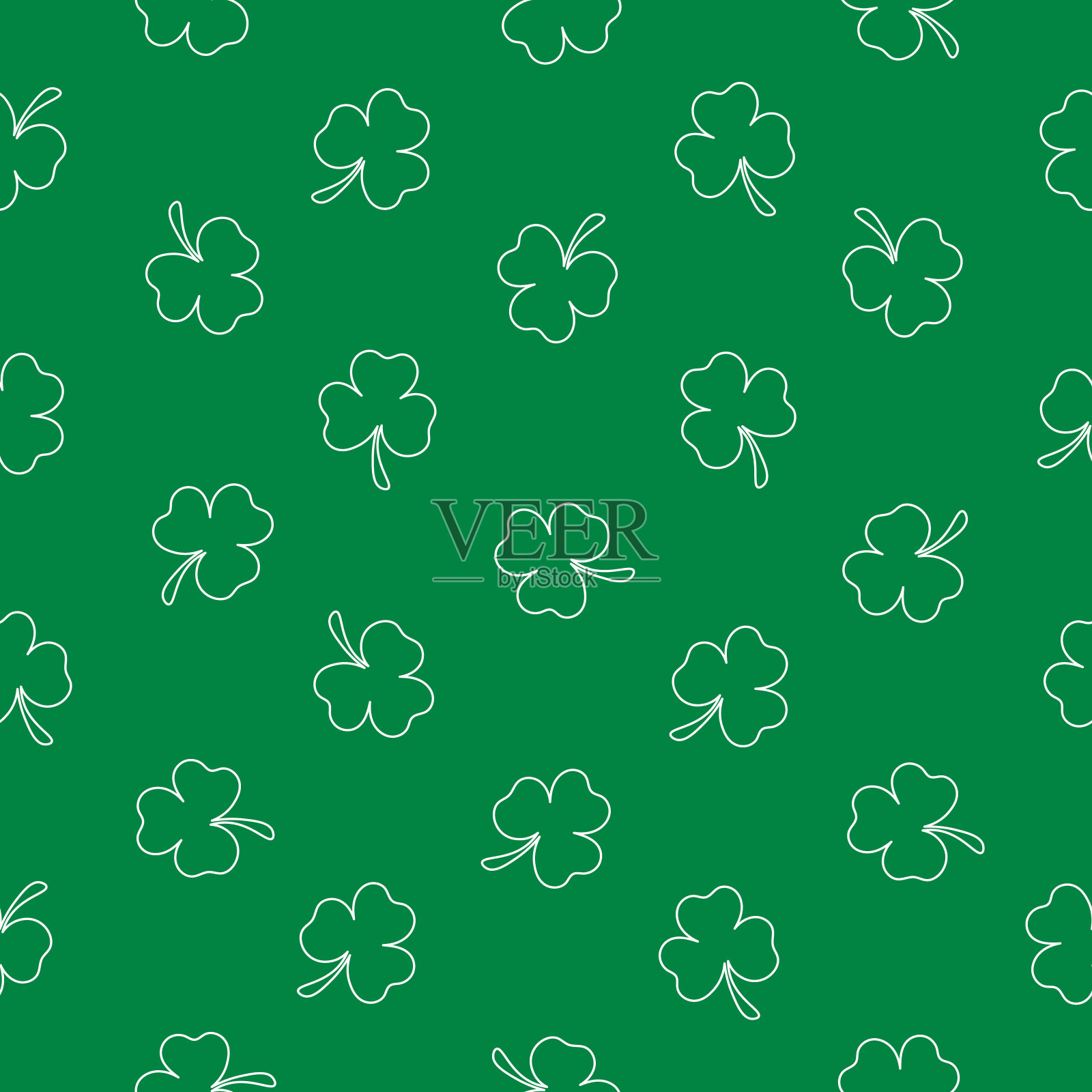 无缝图案与轮廓白色三叶草在一个绿色的背景。圣帕特里克节快乐。适用于纺织品、包装、封面、宣传册、壁纸、网站、横幅等。矢量图插画图片素材
