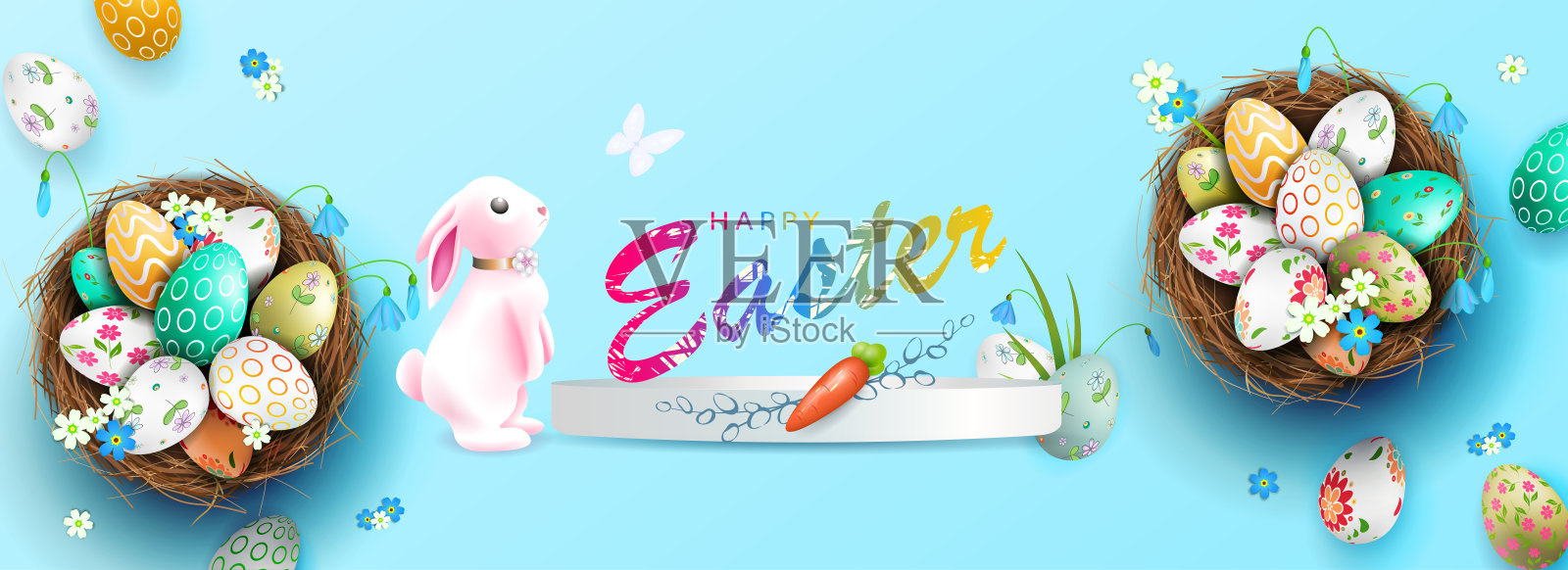 复活节卡片与可爱的兔子,篮子与鸡蛋在一个蓝色的背景插画图片素材