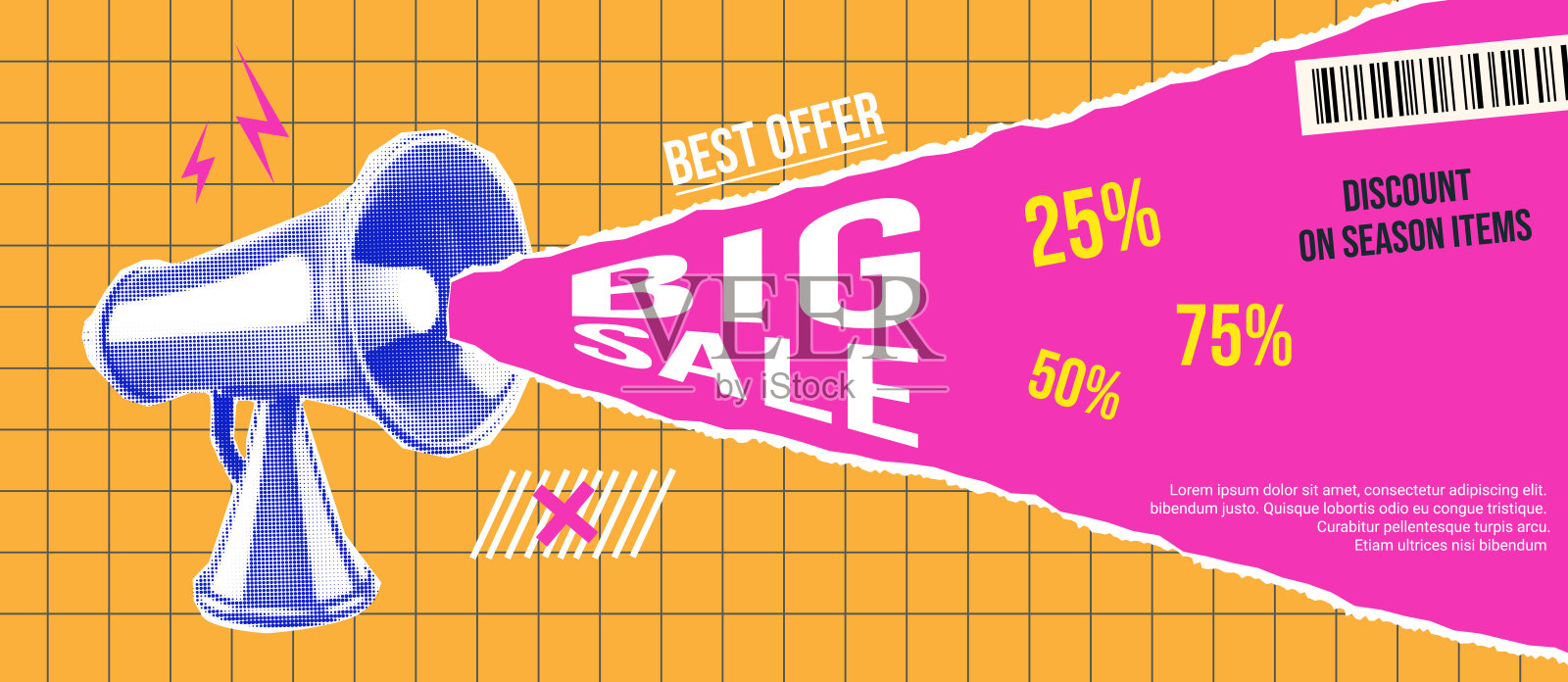 销售横幅半色调Megafone纸复古拼贴矢量插画图片素材