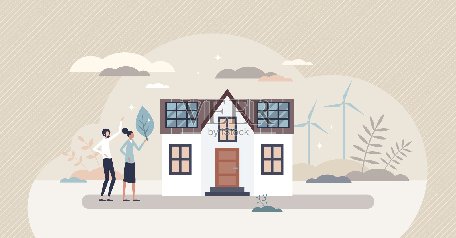 节约地球和改变电能来源的微人理念插画图片素材