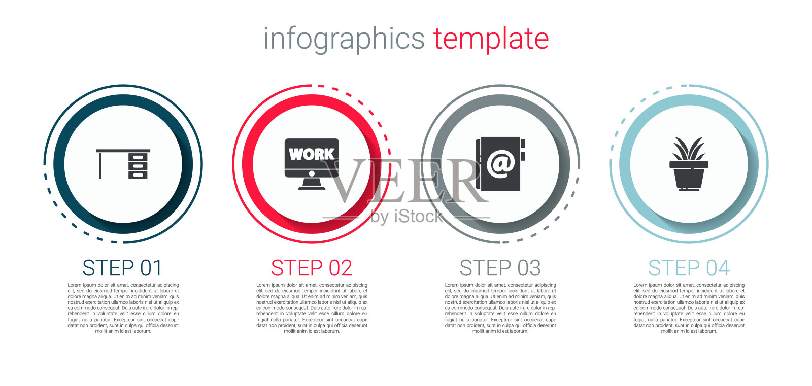 设置办公桌,显示器与文本工作,地址簿和植物在锅。业务信息图表模板。向量插画图片素材