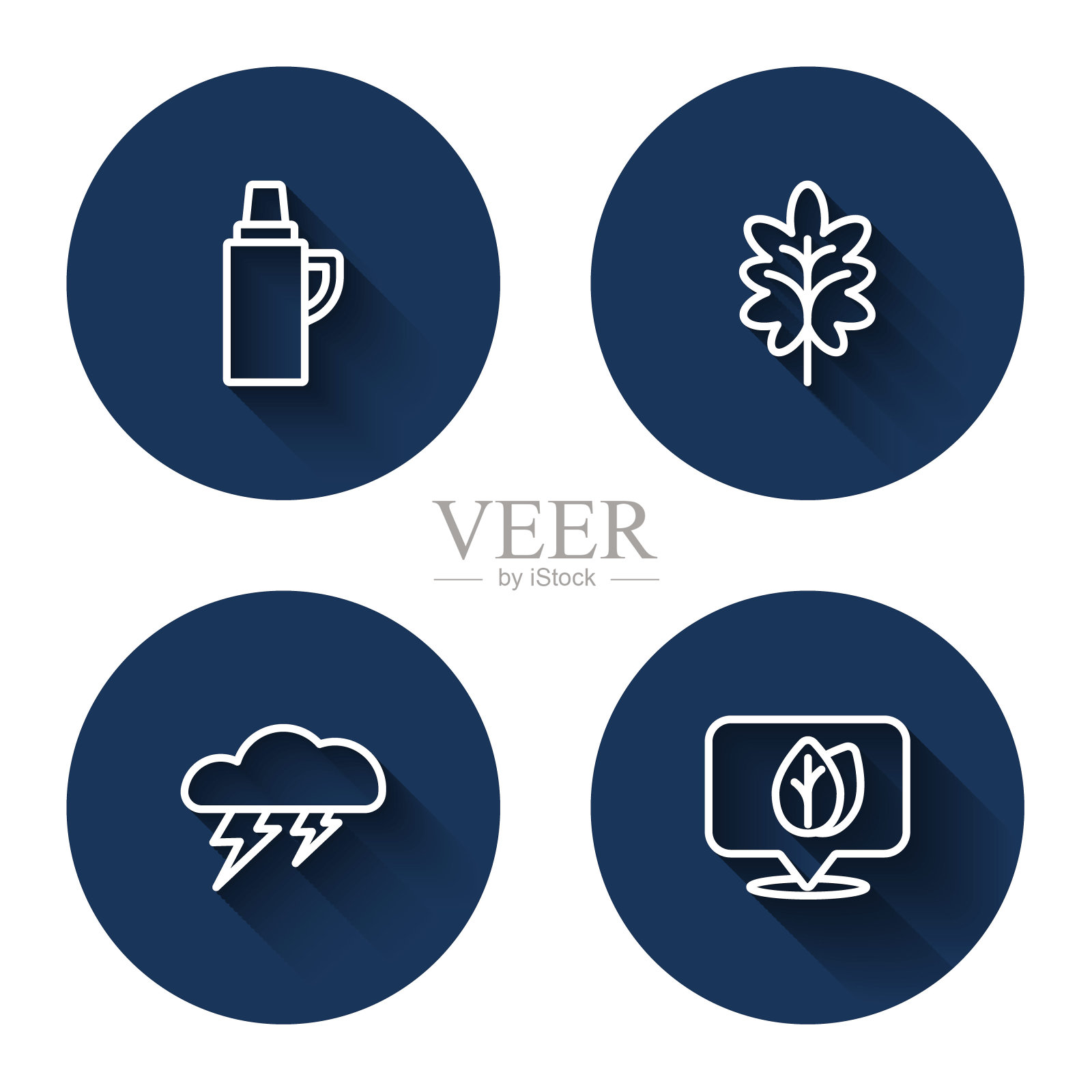 设置线保温瓶容器,叶子,云和闪电和位置与叶子长阴影。蓝色圆圈按钮。向量插画图片素材