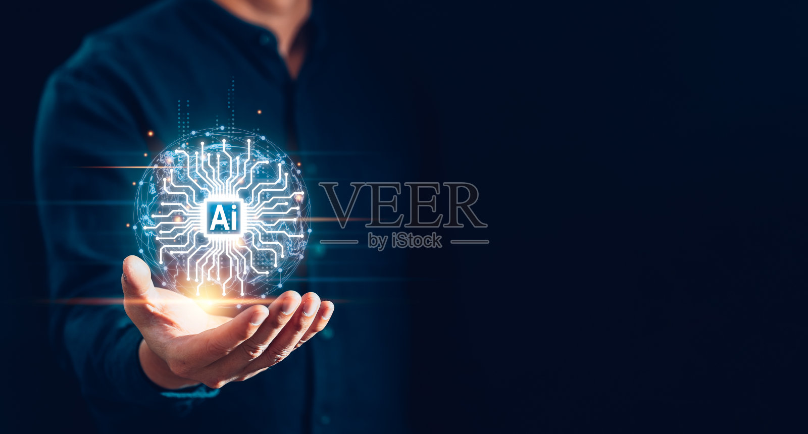 AI人工智能技术概念。人类利用人工智能技术生成东西并分析大数据,未来科技转型背景具有复制空间照片摄影图片