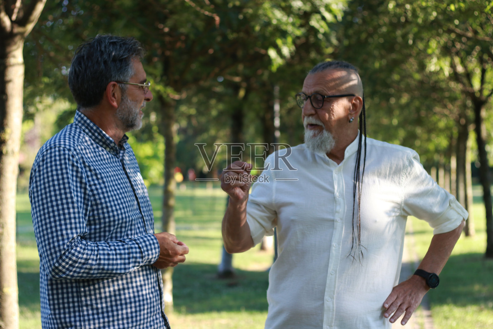 两个老人在公园里散步聊天照片摄影图片